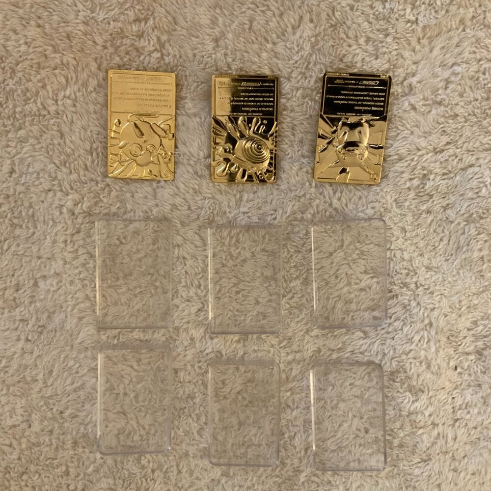 Three 23K Gold Pokemon Plated Trading Heavy Vintage Cards with Complete Cases